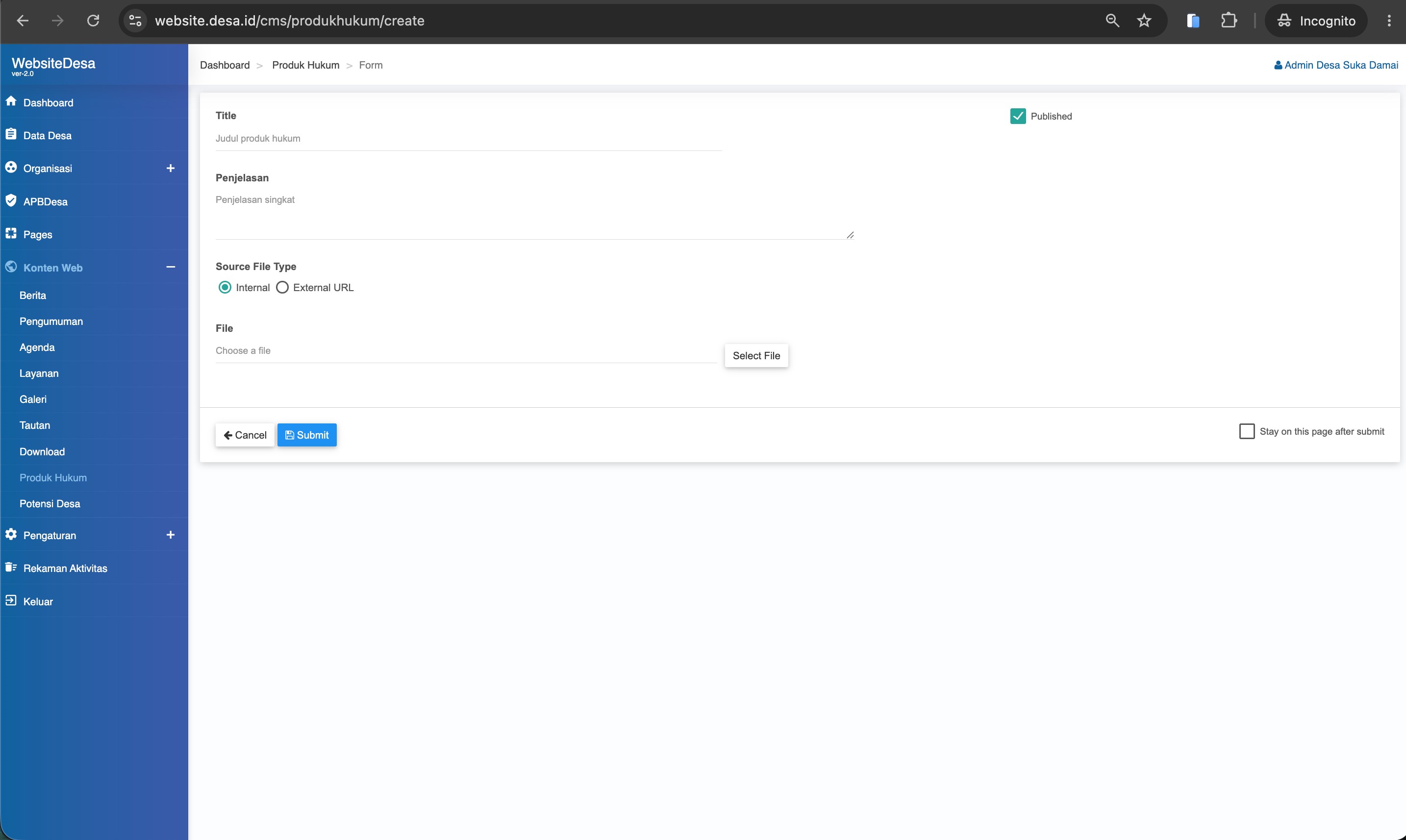 Screenshot Form Tambah Produk Hukum
